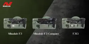 Side-by-side image comparison of Minelab F3, F3 Compact, and F3Ci mine detectors,