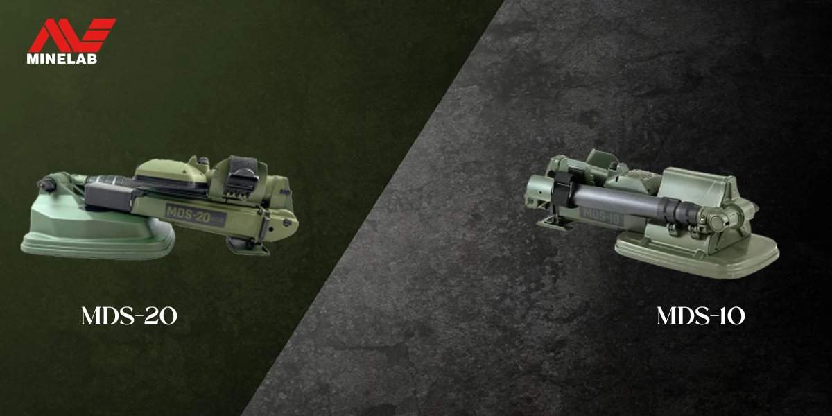 Side-by-side comparison image of Minelab's MDS-20 and MDS-10 dual-sensor mine detectors, with the MDS-20 shown on a green background and the MDS-10 on a textured dark background, highlighting the visual differences between the two models.