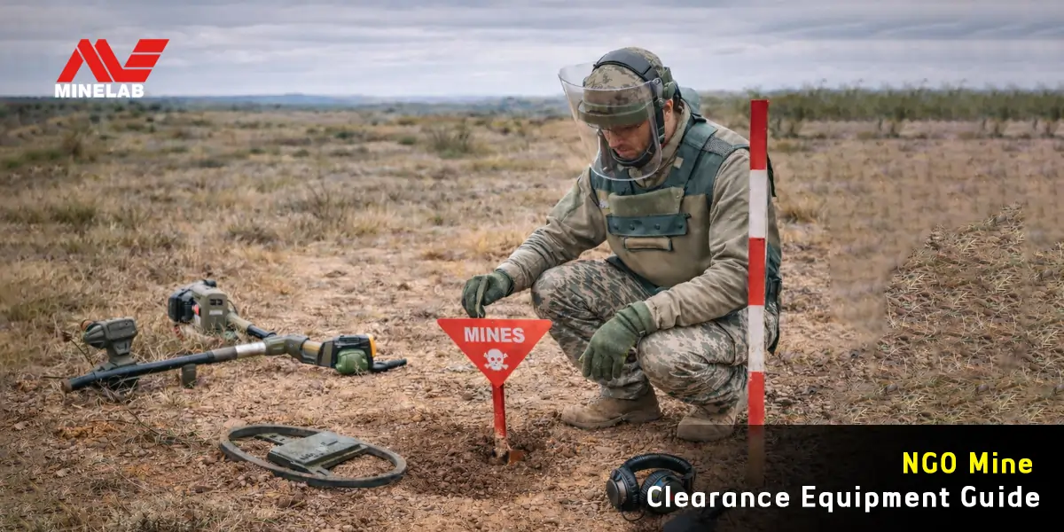 NGO mine clearance expert using a Minelab metal detector to locate landmines in an open field, with safety markers and protective gear visible.