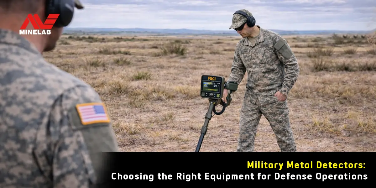Military personnel using a Minelab military metal detector in an open field during defense and security operations.
