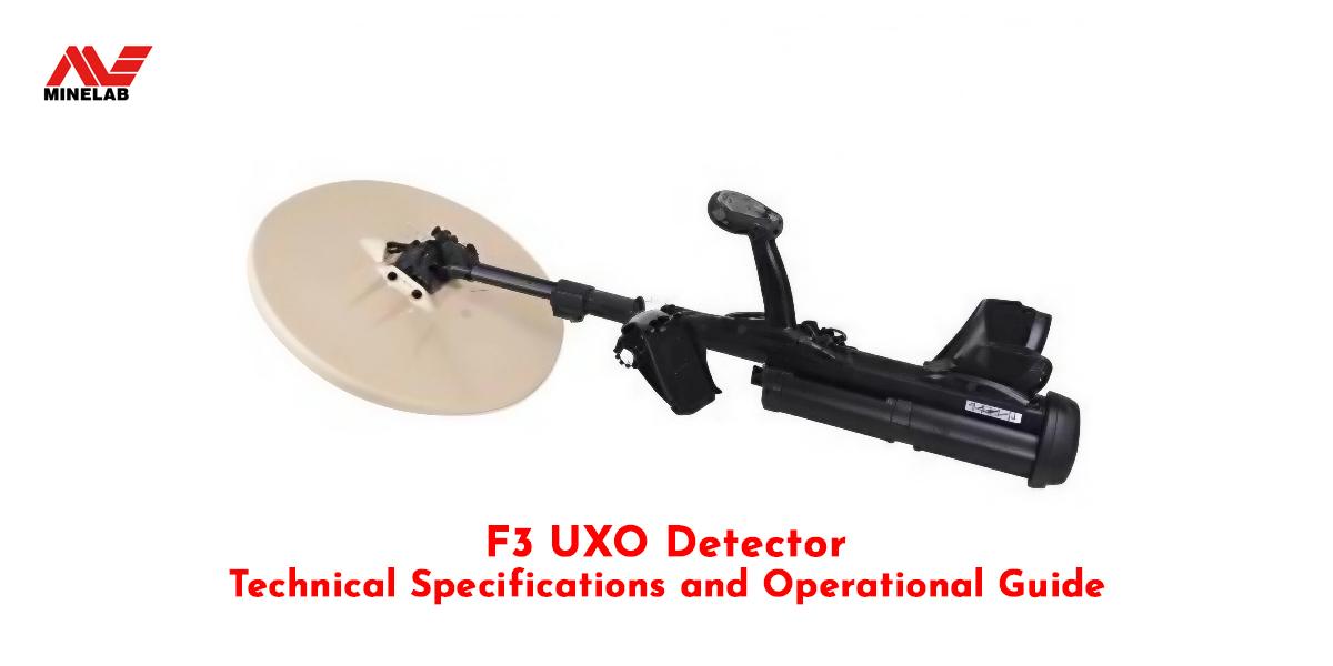 Minelab F3 UXO detector shown on a white background, highlighting the search coil, shaft, and control unit for unexploded ordnance detection.
