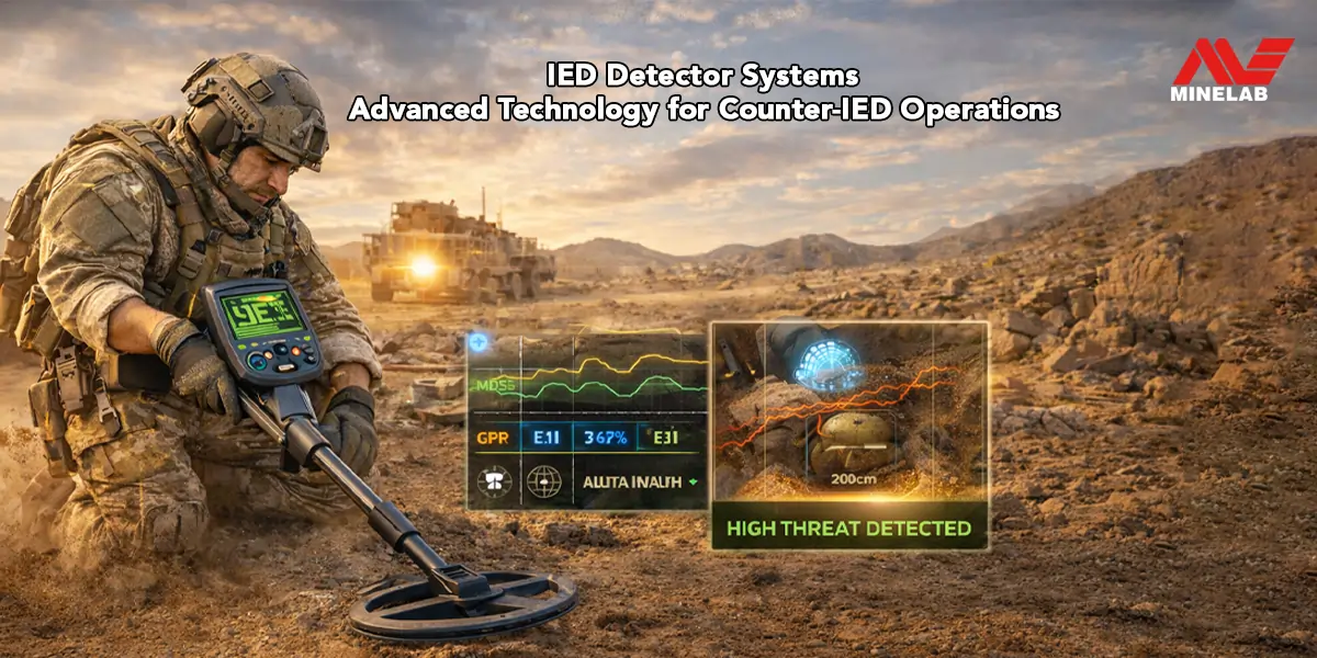 Minelab countermine IED detector system used by a soldier to detect buried explosives in a desert environment