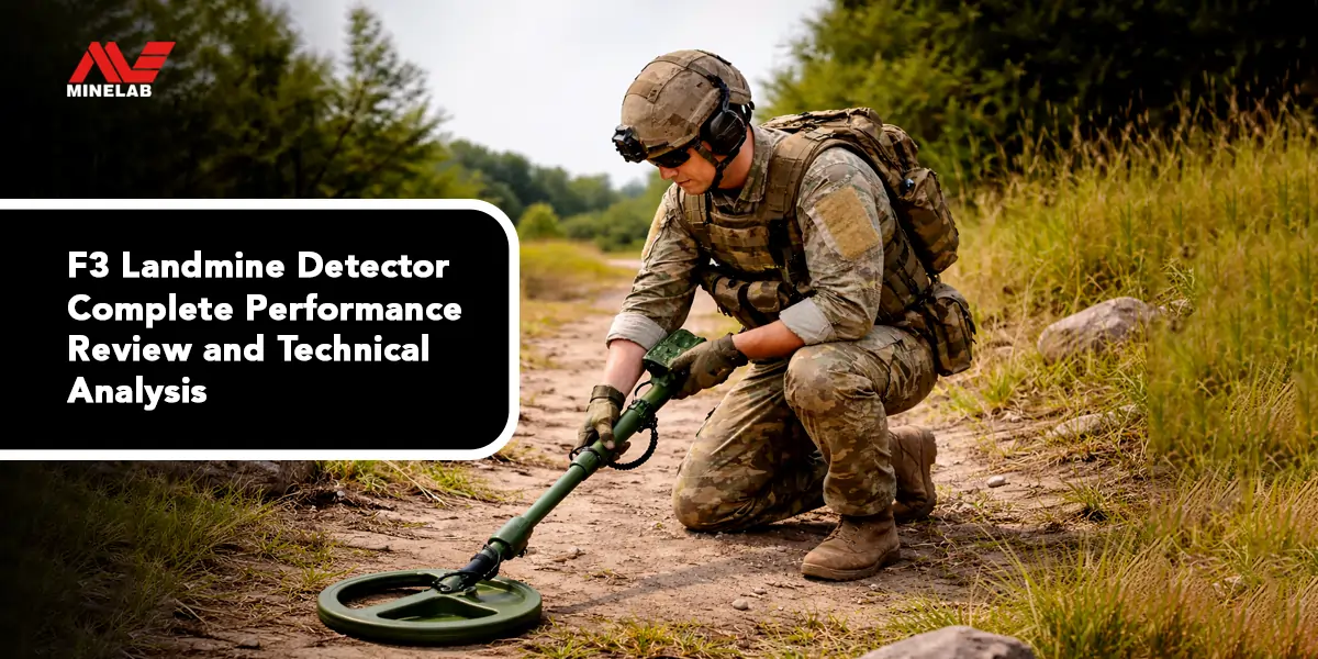 Soldier in protective gear kneeling outdoors while using a Minelab F3 landmine detector to scan the ground, representing landmine detection performance review and technical analysis.