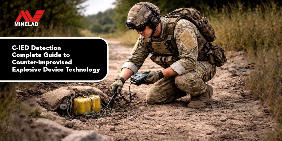 Soldier using a Minelab metal detector to locate a buried improvised explosive device (IED) during C-IED detection operations in an outdoor terrain.