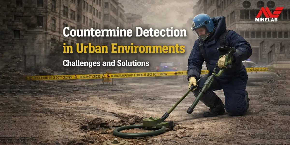 Bomb disposal expert using a countermine detector in a damaged urban area with caution tape in the background.