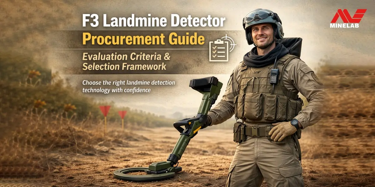Technician in protective gear holding an F3 landmine detector in a field, with procurement guide text and Minelab logo displayed.
